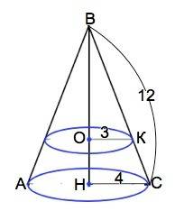 Висота конуса 12 см, радіус його основи 4 см. площина перпендикулярна до осі конуса перетинає його б