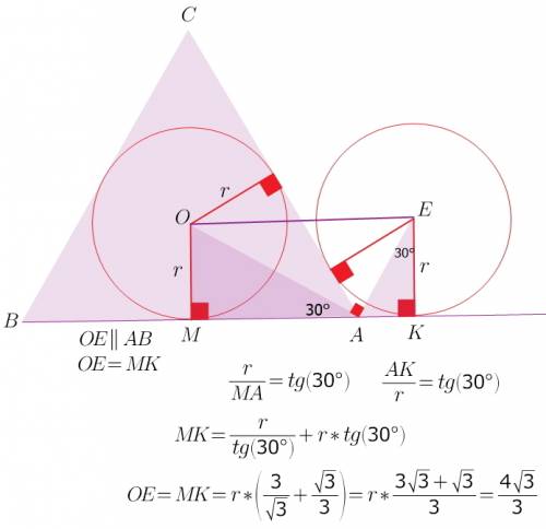 С! в равносторонний треугольник авс вписана окружность. во внешний угол а вписана окружность того же