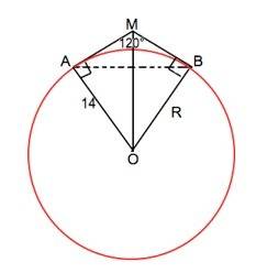 Стороны угла m касаются окружности с центром o и радиусом r. найдите om, если r = 14 см, угол m =120