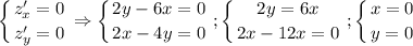 $\left \{ {{z'_x=0} \atop {z'_y=0}} \right. \Rightarrow \left \{ {{2y-6x=0} \atop {2x-4y=0}} \right.; \left \{ {{2y=6x} \atop {2x-12x=0}} \right.; \left \{ {{x=0} \atop {y=0}} \right.