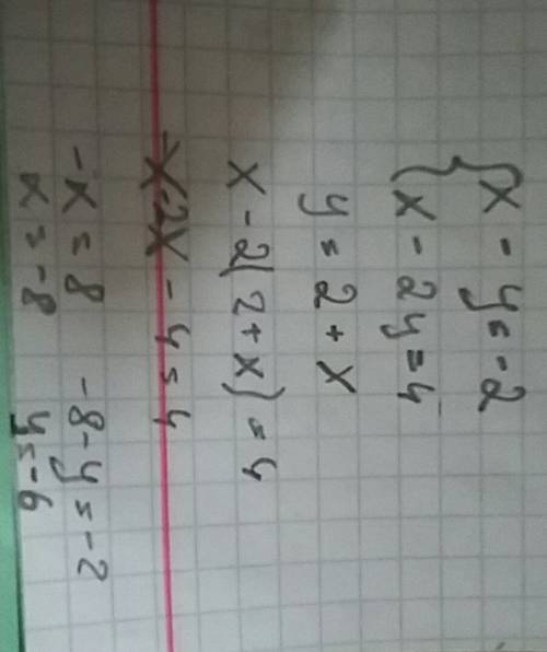 Решите систему 6 класс { x - y = - 2 x - 2y = 4