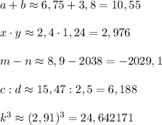 a+b\approx 6,75+3,8=10,55\\\\x\cdot y\approx 2,4\cdot 1,24=2,976\\\\m-n\approx 8,9-2038=-2029,1\\\\c:d\approx 15,47:2,5=6,188\\\\k^3\approx (2,91)^3=24,642171
