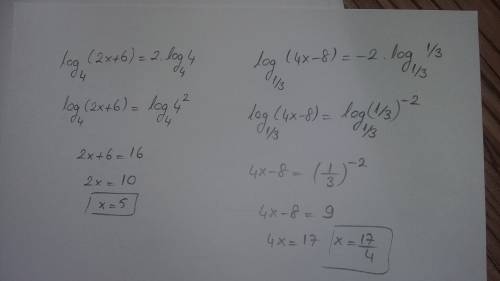 Log4(2x+6)=2 решить log1\3(4x-8)=-2