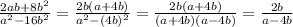 \frac{2ab+8b^{2}}{a^{2}-16b^{2}}=\frac{2b(a+4b)}{a^{2}-(4b)^{2}}=\frac{2b(a+4b)}{(a+4b)(a-4b)}=\frac{2b}{a-4b}