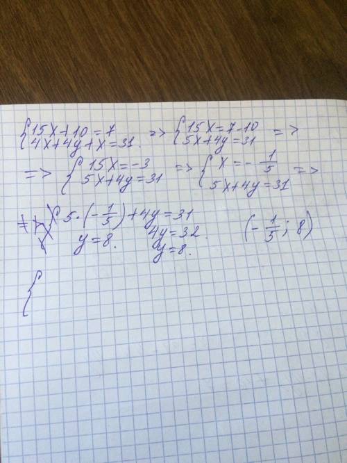 Решите систему уравнений сложения 5(3х+2)=7 4(х+у)+х=31