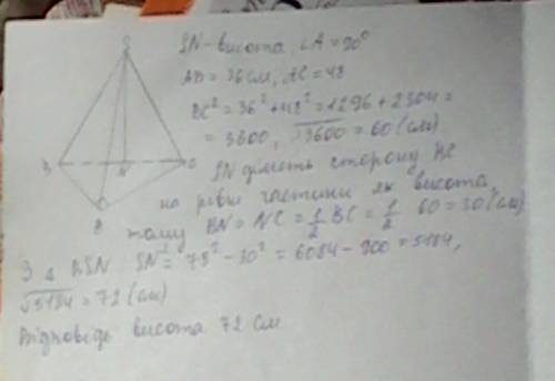 Воснові піраміди лежить прямокутний трикутник з катетами 36 см 48 см. кожне бічне ребро піраміди дор