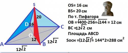 Высота правильной четырёхугольной пирамиды равна 20 см, а боковое ребро-16 см.найти площадь основани