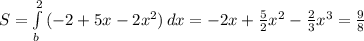 S= \int\limits^2_b {(-2+5x-2x^2)} \, dx =-2x + \frac{5}{2} x^2- \frac{2}{3}x^3= \frac{9}{8}