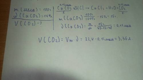 Вычислить обьем углекислого газа (н.у)выделившегося при действии соляной кислоты на мел (caco3)массо