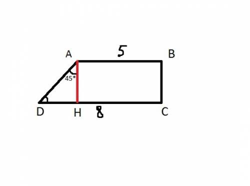 Висота проведена з вершини тупого кута прямокутної трапеції утворює з бічною стороною кут 45 градусі