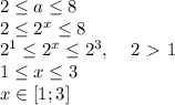 2 \leq a \leq 8\\2 \leq 2^x \leq 8\\2^1 \leq 2^x \leq 2^3,\; \; \; \; 2\ \textgreater \ 1\\1 \leq x \leq 3\\x\in [1;3]