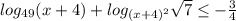 log_{49}(x+4)+log_{(x+4)^2} \sqrt{7} \leq - \frac{3}{4}