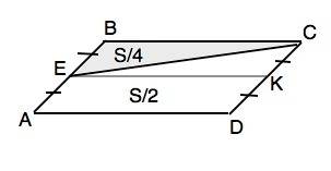 Площадь параллелограмма abcd равна 140. точка e — середина стороны ab. найдите площадь треугольника