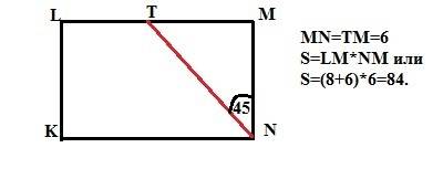 Впрямоугольнике klmn проведена биссектриса nt.lt=8 см, mt=6см.найдите площадь прямоугольника