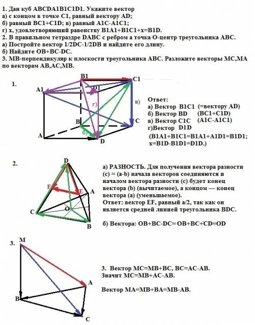 1. дан куб abcda1b1c1d1. укажите вектор а) с концом в точке c1, равный вектору ad; б) равный bc1+c1d