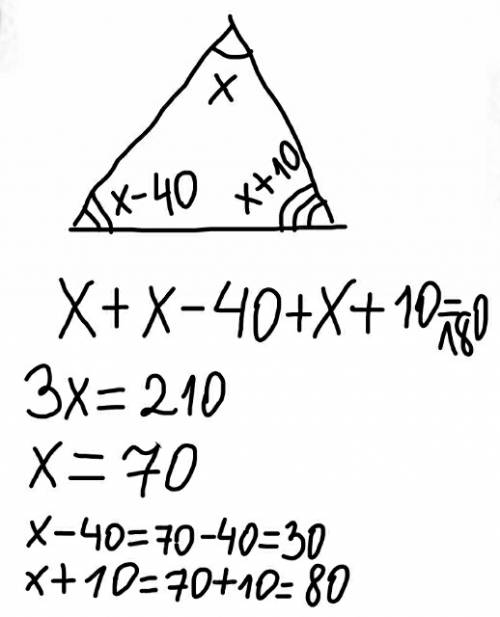 Один из углов треугольника на 40 большедругого и на 10 меньше третьего . найдите больший из углов тр