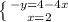 \left \{ {{-y=4-4x} \atop {x=2}} \right.