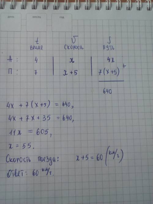 Туристы проехали 640км , 7часов они ехали поездом и 4 часа-автобусом . найдите скорость поезда , есл