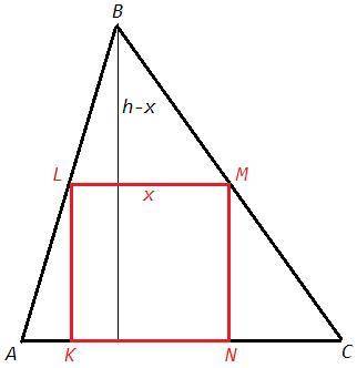 Втреугольник с основанием ac= 4 см и высотой bd= 4 см вписан квадрат klmn так, что сторона kn лежит