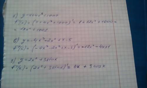 Найдите производную функции: а) y=4x^4-1/5x^5+x^2-3x б) y=x+4x^3+1000 в) y=-4x^3-2x^2+x-5 г) y=2x^2+