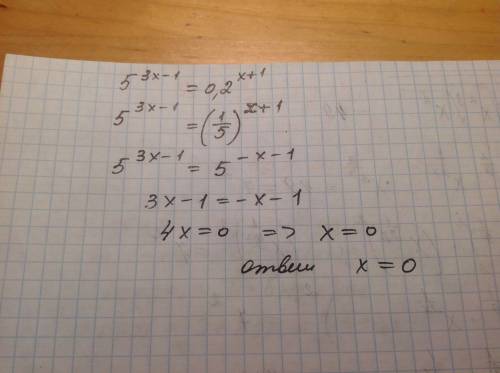 Решите уравнение: 5^(3x-1)=0.2^(x+1)