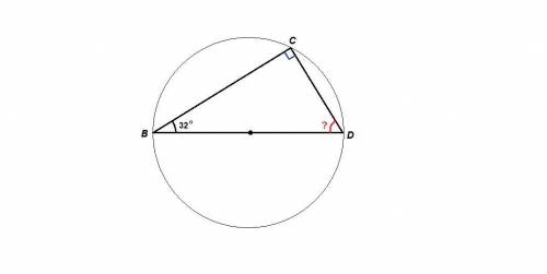 Bd-диаметр окружности,cd-хорда. найдите угол bdc, если угол cbd=32 градуса
