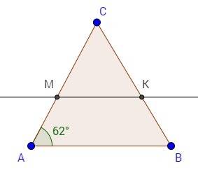 Треугольник авс равнобедренный, с основанием ав. угол а = 62 градуса. прямая, параллельная стороне а