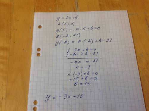 Прямая у=кх проходит через точки а(5,0) и в (-2,21 ) и напишите уравнение
