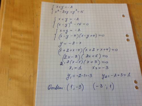 Решите систему уравнений х+у = -2 х^2-2ху+у^2 = 16 ответ должен получится (1; -3) и (3; -1)