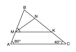 Втреугольнике а б ц угол 80 градусов угол c равно 40 градусов точка м лежит на стороне ab,а точки n