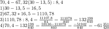 70,4-67,32(30-13,5):8,4\\1)30-13,5=16,5\\2)67,32*16,5=1110,78\\ 3)1110,78:8,4=\frac{11107,8}{84} = \frac{111078}{840}= 132 \frac{198}{840} \\ 4)70,4-132\frac{198}{840}=\frac{59136-111078}{840}=\frac{-51942}{840}=-61\frac{351}{420}