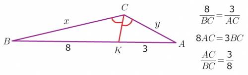 Втреугольнике авс ск-биссектриса которая делит сторону ав на отрезки вк=8 см и ак=3 см. найдите отно