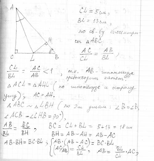 Биссектриса острого угла прямоугольного треугольника делать катет на отрезки 5 см и 13 см. найти пло