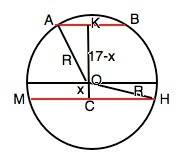 Перерізи кулі двома паралельними площинами , між якими лежить центр кулі мають площі 144пі см , 25пі