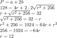 P = a + 2b \\&#10;128 = 4r + 2 \cdot 2 \sqrt{r^2 + 256} \\ &#10;r + \sqrt{r^2 + 256} = 32 \\ &#10; \sqrt{r^2 + 256} = 32 - r \\ &#10;r^2 + 256 = 1024 - 64r + r^2 \\ &#10;256 - 1024 = -64r \\&#10;r = 12