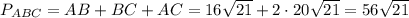 P_{ABC} = AB + BC + AC = 16 \sqrt{21} + 2 \cdot 20 \sqrt{21} = 56 \sqrt{21}