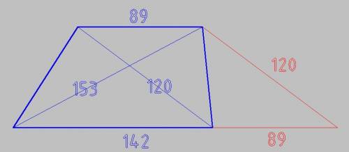 Найти площадь трапеции у которой основания равны 142 см и 89 см, диагонали 120 см и 153 см.