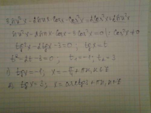 Розвяжіть рівняння 3sin^2x-2sinxcosx-cos^2x=2, звівши його до однорідного