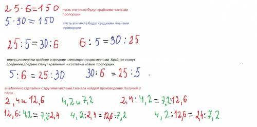 (дундук дундуком) составьте из чисел 25; 6; 5; 30 верную пропорцию составьте из чисел 2,4; 4,2; 7,2