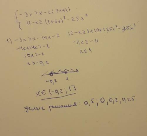 Решите систему неравенств : −3x> x−2(7x+1) { 12−x≥(1+5x)²−25x² выбери ответ системы неравенств: x