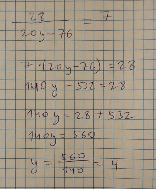 Составьте условие к уравнению: 28/(20*y-76)= 7