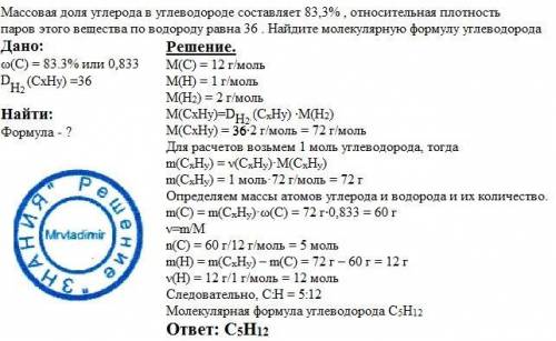 Массовая доля углерода в углеводороде составляет 83,3% , относительная плотность паров этого веществ