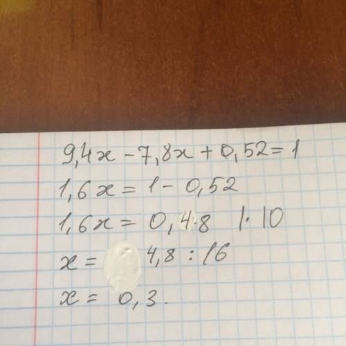 Как решить этоуравнение? 9,4x-7,8х+0,52=1