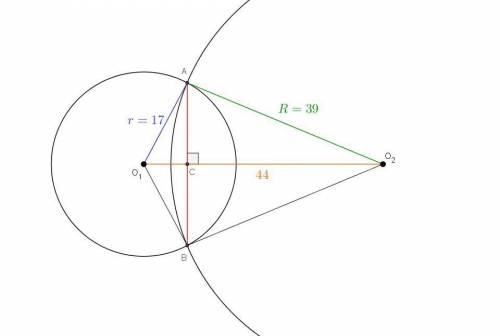 Решите : радиусы двух пепесекающихся окружностей равны 17см и 39см, а расстояние между их центрами 4