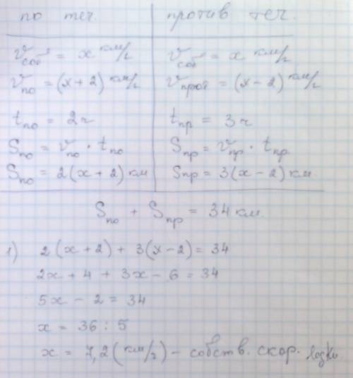 Лодка часа против течения и 2 часа по течению реки, проплыв за это время 34 км. скорость течения рек