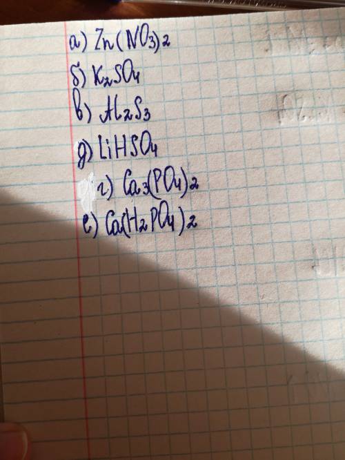 9. составьте формулы солей: а) нитрат цинка; в) сульфид алюминия; д) гидросульфат лития; б) сульфат