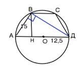 Диагональ равнобедренной трапеции перпендикулярна боковой стороне, которая равна 15 см,. найдите пло
