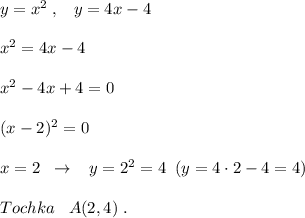 y=x^2\; ,\; \; \; y=4x-4\\\\x^2=4x-4\\\\x^2-4x+4=0\\\\(x-2)^2=0\\\\x=2\; \; \to \; \; \; y=2^2=4\; \; (y=4\cdot 2-4=4)\\\\Tochka\; \; \; A(2,4)\; .