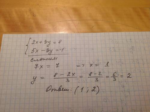 Розв'яжіть систему графічно: {2x+3y=8 {5x-3y=-1