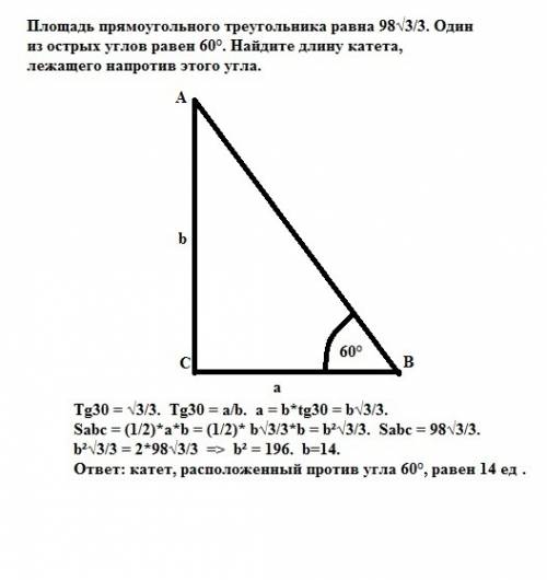 Площадь прямоугольного треугольника равна 98 корень из 3 делить на 3. один из острых углов равен 60.